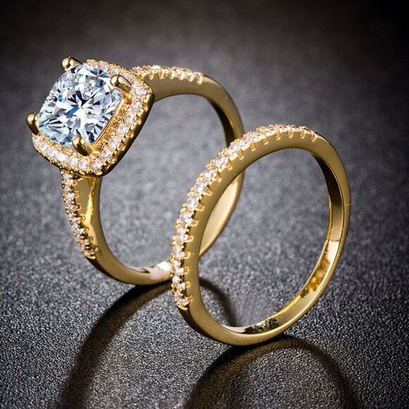 🎊18K Gold Plated Luxury Princess Cut 3A CZ Wedding Couple Ring, FB16FA10… - Picture 1 of 3